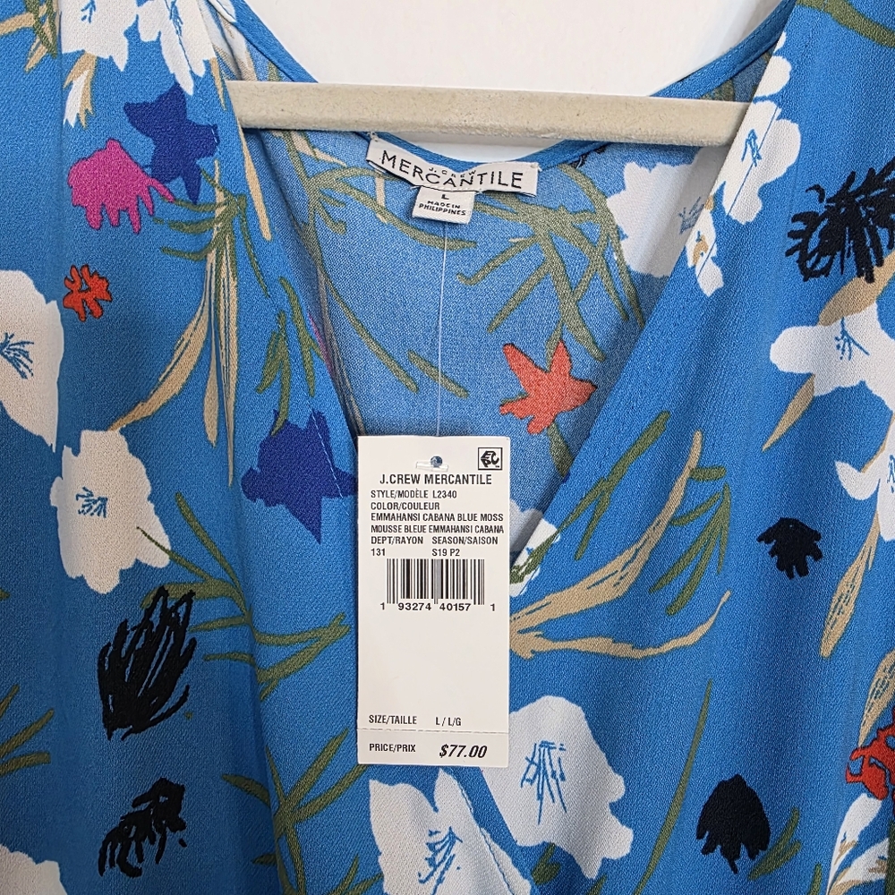 NWT J.Crew Mercantile Blue Short-Sleeve Floral Ruffle Midi Dress - Size Large - Picture 6 of 6